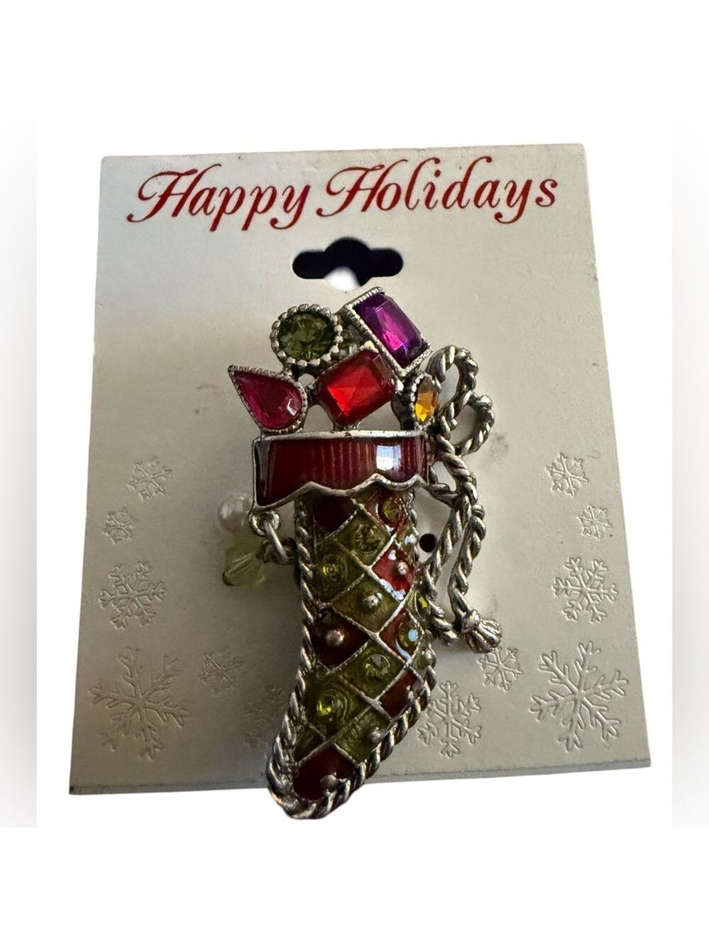 NWT VINTAGE KENNETH COLE Silver Christmas Stocking Bejeweled Colorful Brooch